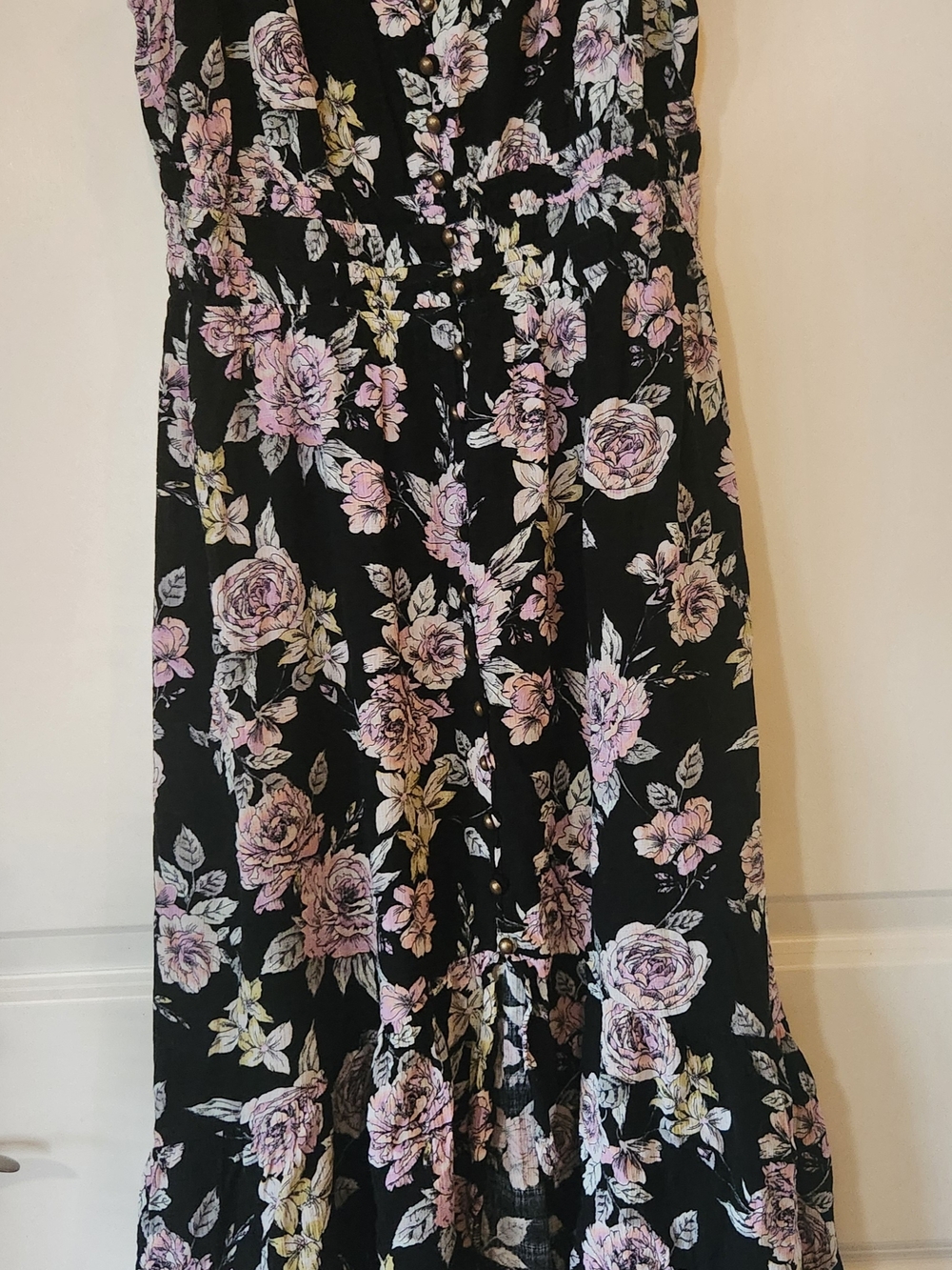 Black Floral Maxi Dress with Pink Rose Print